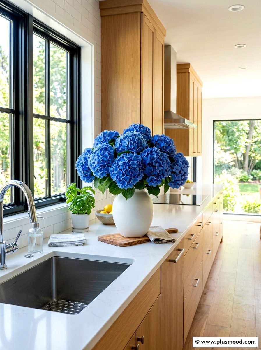 Bold blue hydrangea focal point - 25 summer kitchen decor ideas with hydrangeas