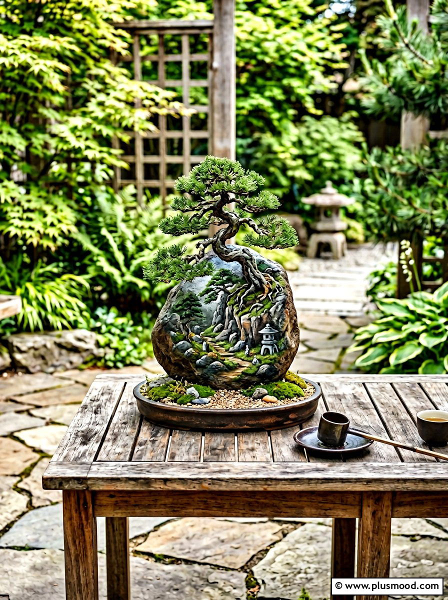 Bonsai tree painting - 25 painted rock ideas for Japanese garden