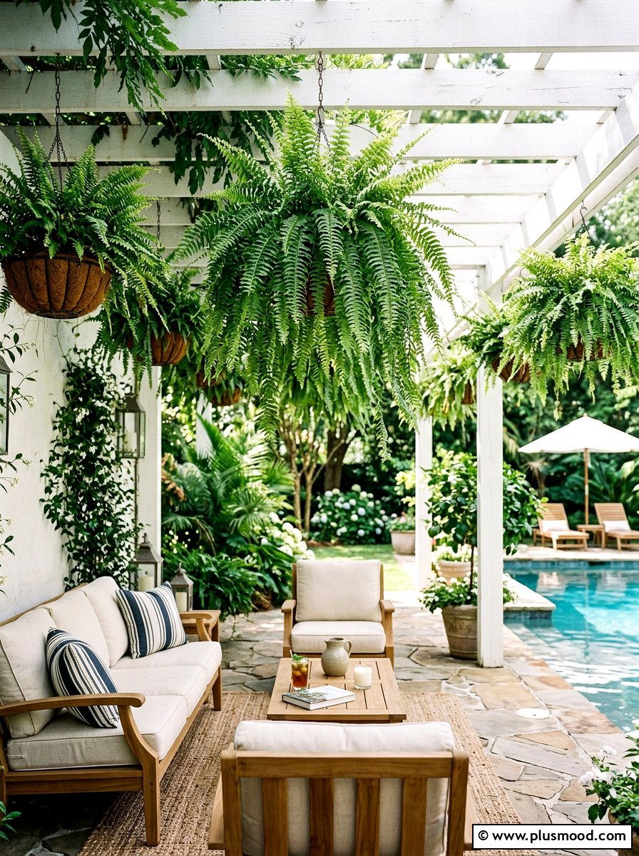 Boston fern hanging baskets pool - 25 pool landscaping ideas with ferns