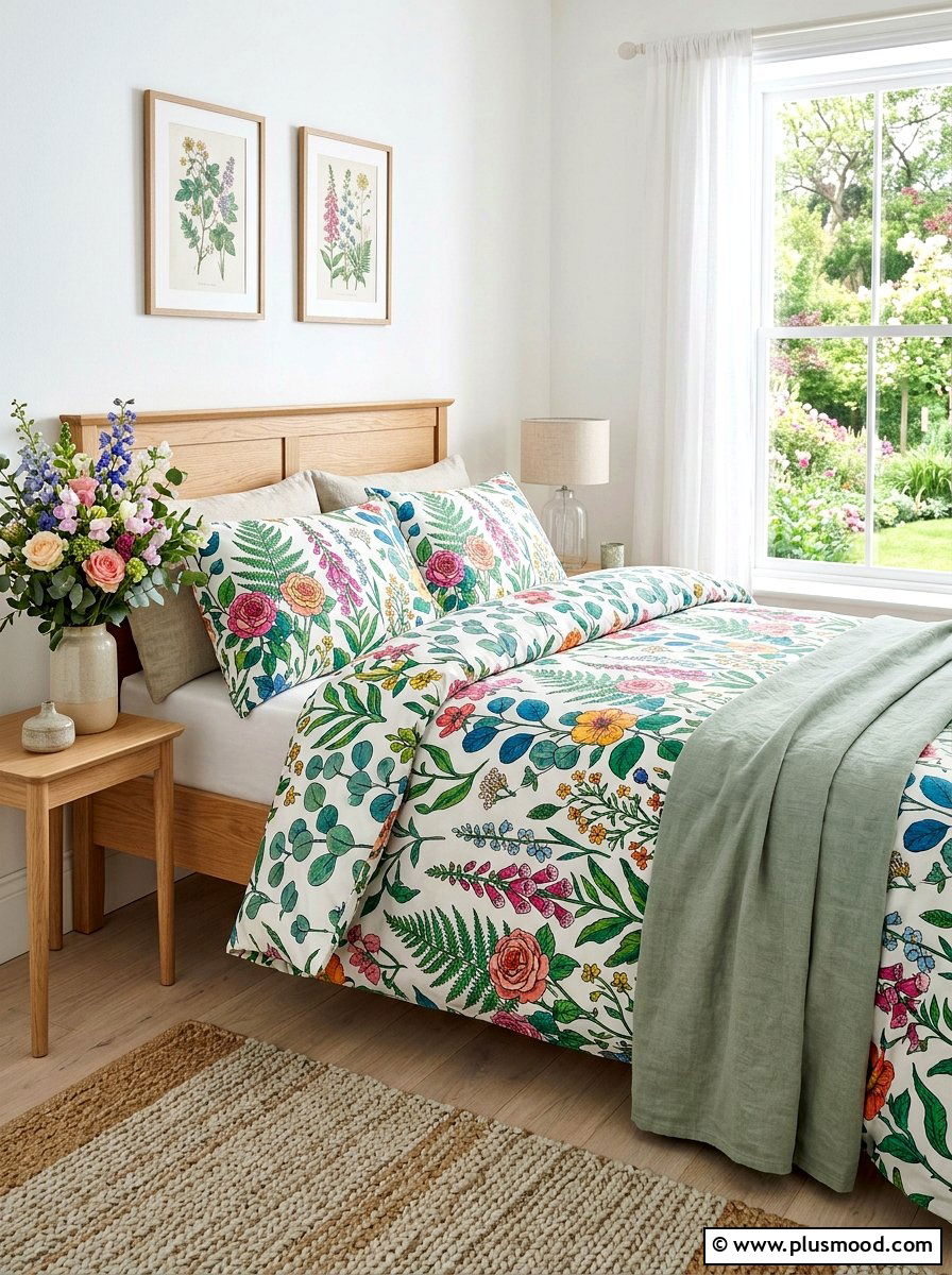 Botanical Print Bedding - 25 elegant summer bedroom ideas