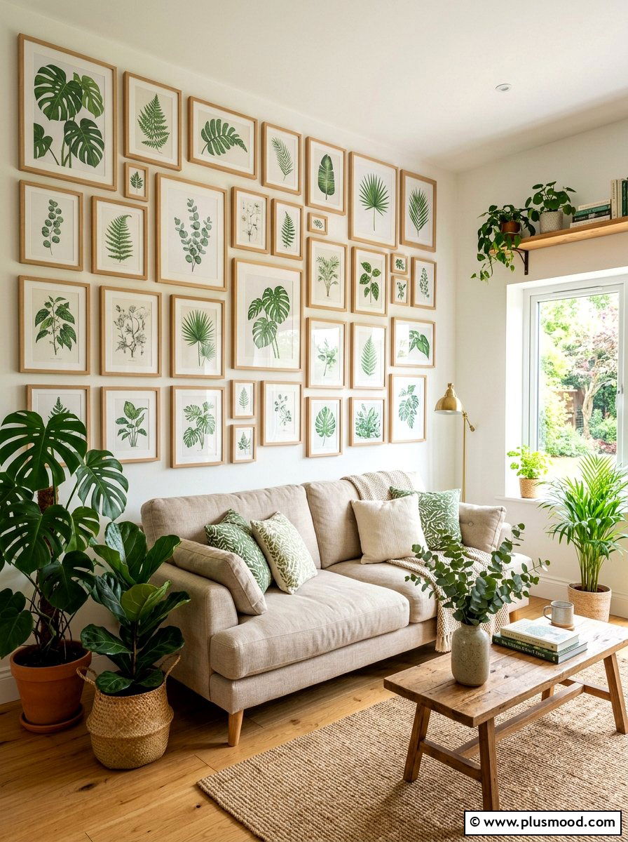Botanical Print Wall Living Room - 25 summer decor ideas for beige living room