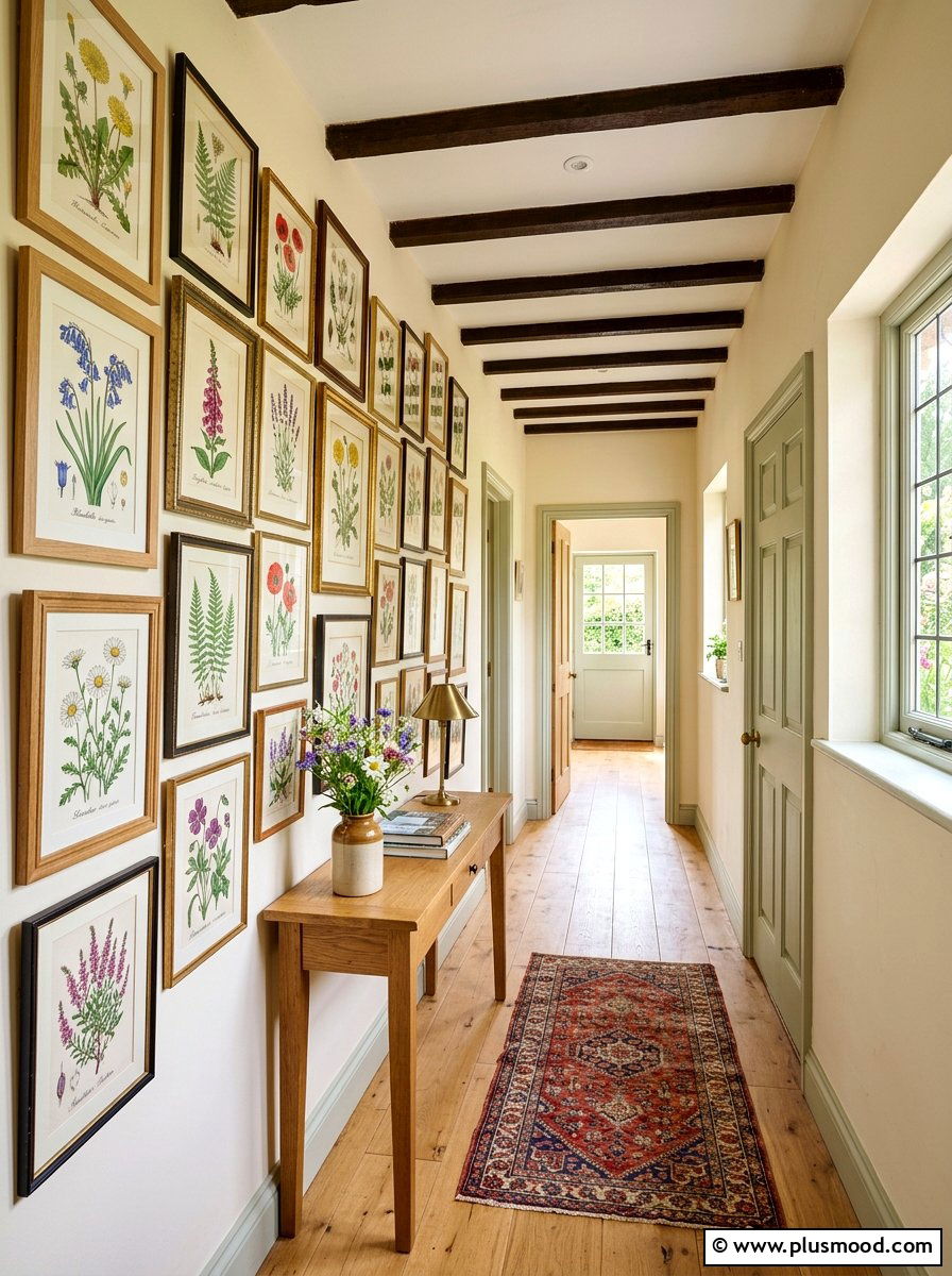 Botanical gallery wall hallway - 25 summer English cottage summer decor ideas