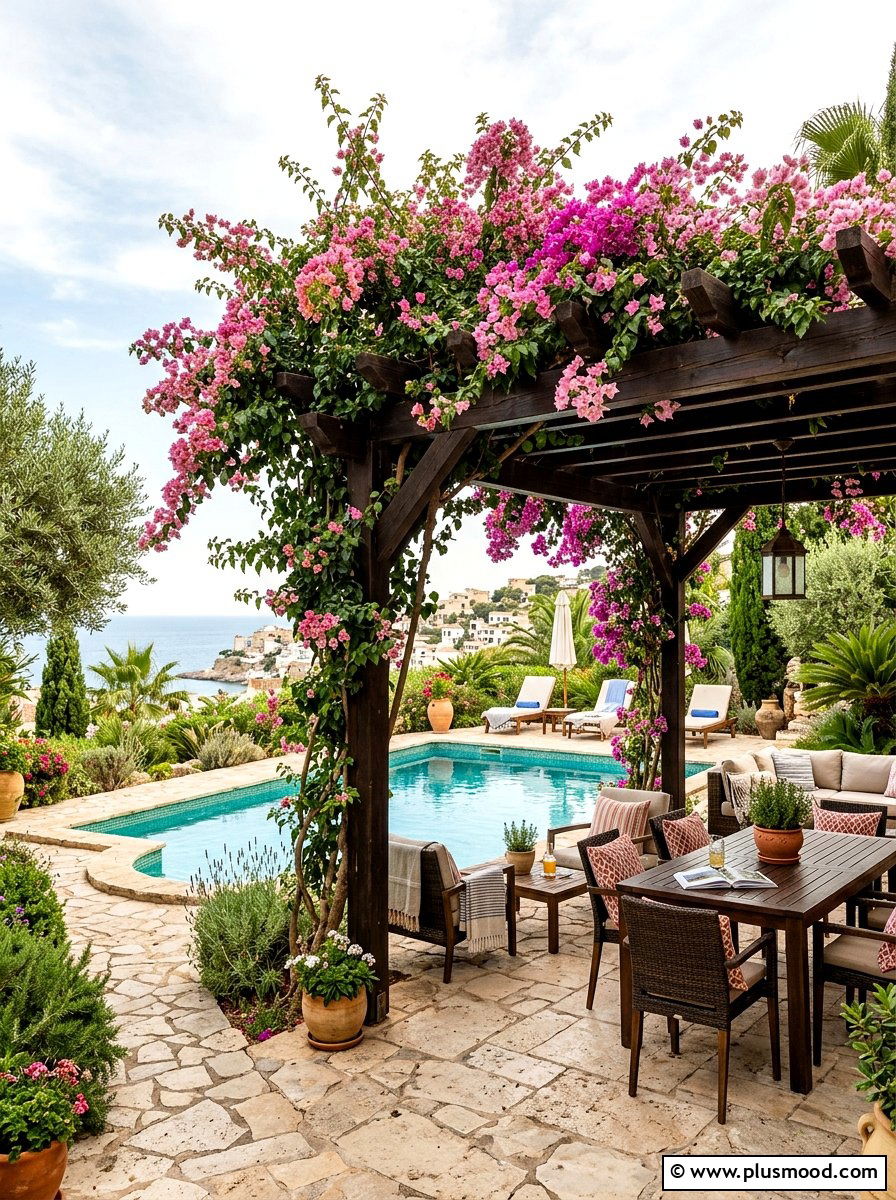 Bougainvillea Pool Pergola - 25 pool landscaping ideas for Mediterranean style