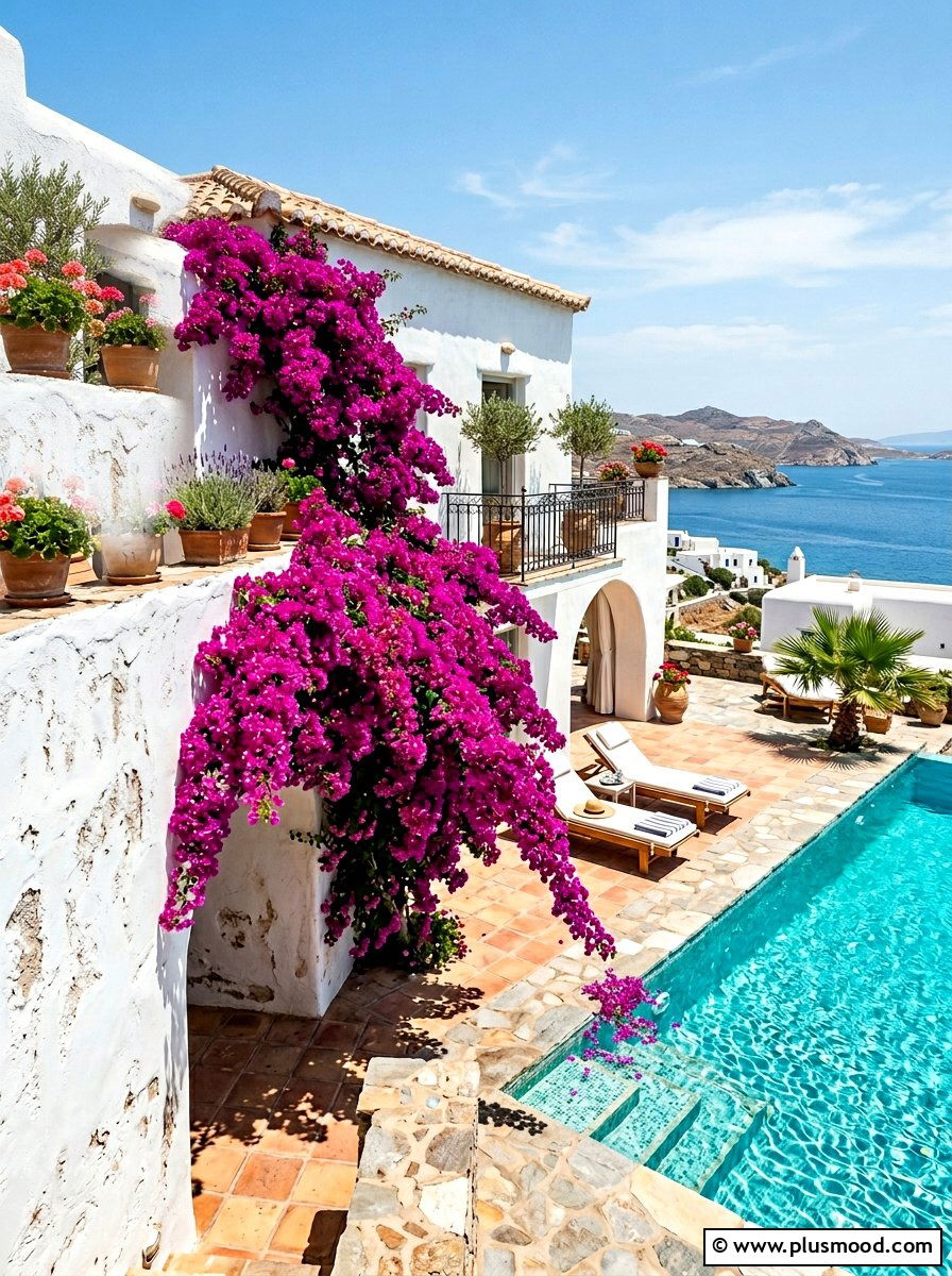 Bougainvillea Poolside Stucco Wall - 25 pool landscaping ideas with climbing plants
