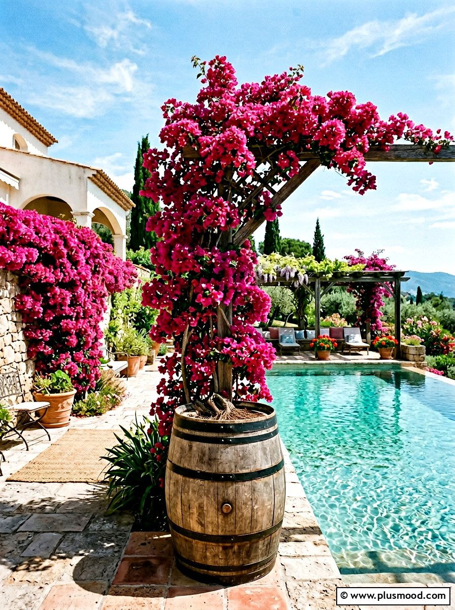 Bougainvillea Trellis In Large Wooden Barrel - 25 pool landscaping ideas with potted plants