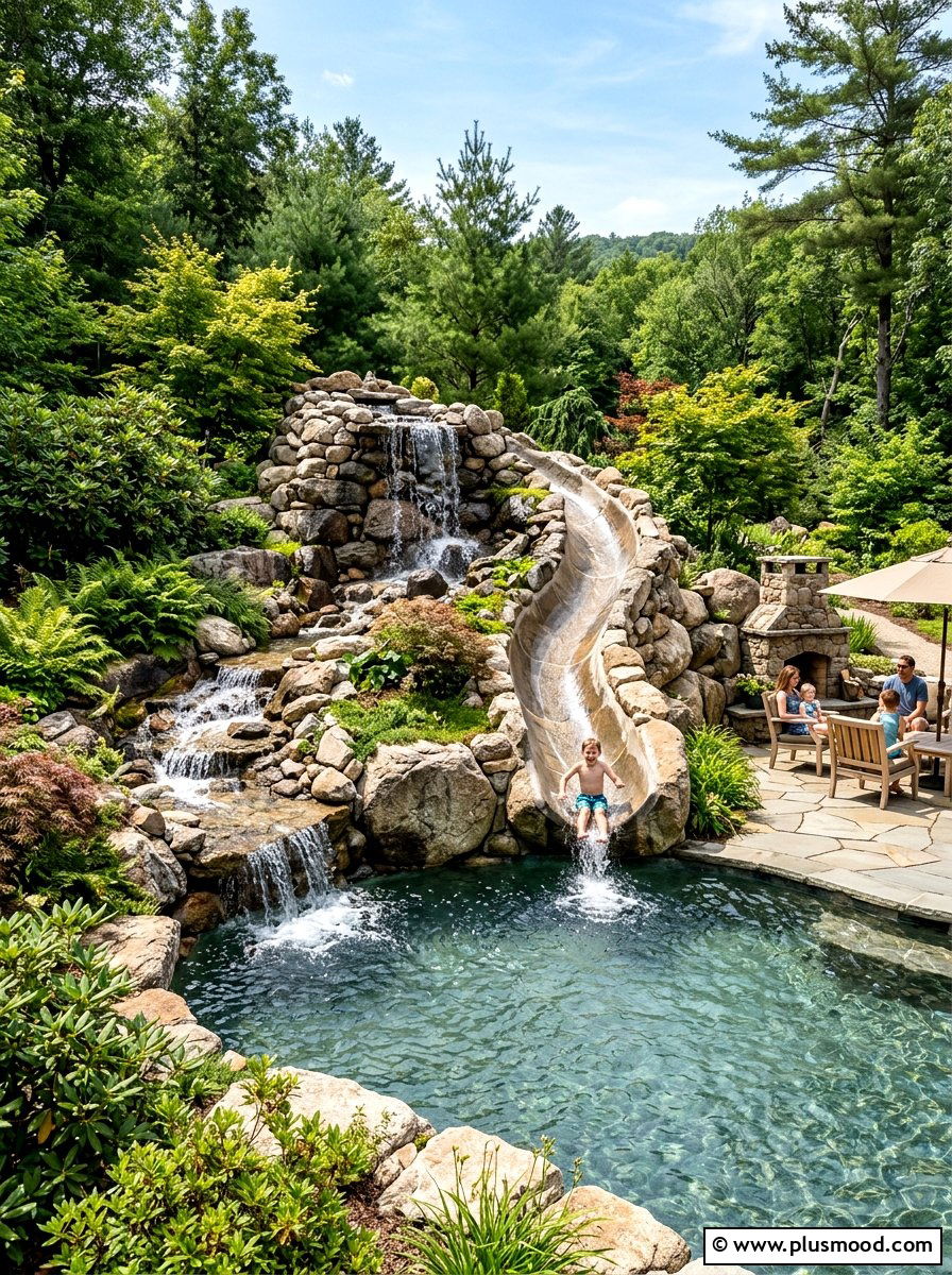 Boulder Waterfall With Slide - 25 pool landscaping ideas with waterfalls