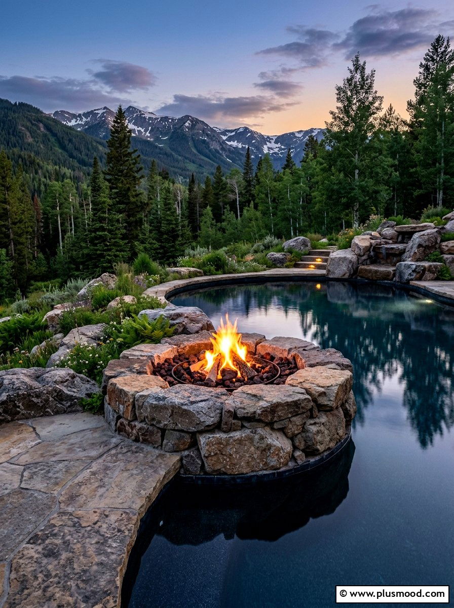 Boulder fire pit pool surround - 25 pool landscaping ideas with fire feature