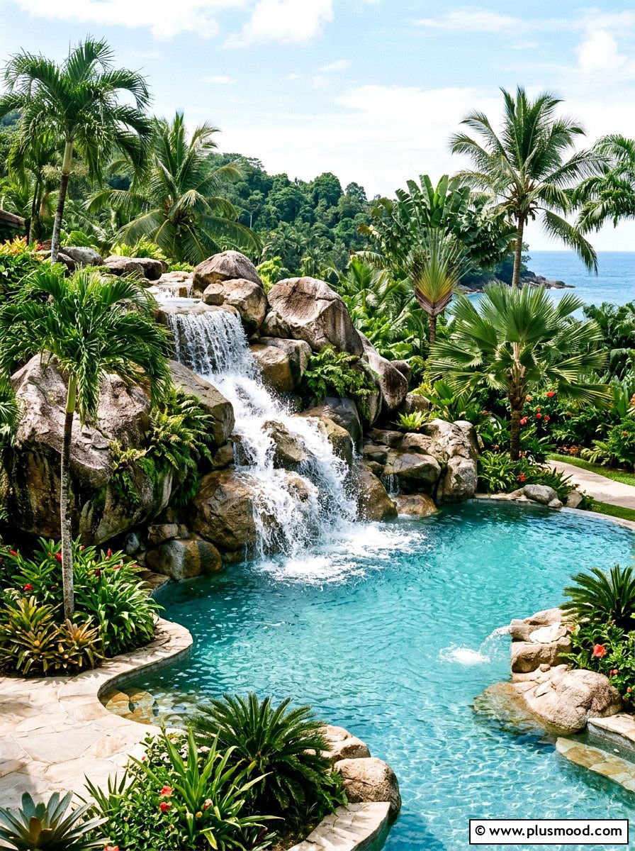 Boulder pool waterfall - 25 pool landscaping ideas with natural stone