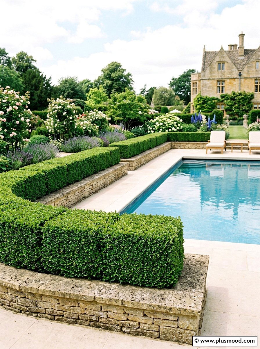 Boxwood Hedge Border - 25 pool landscaping ideas with raised garden beds