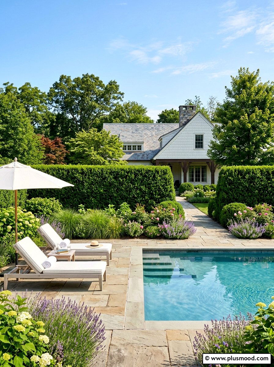 Boxwood Hedge Privacy Screen - 25 summer farmhouse pool area ideas