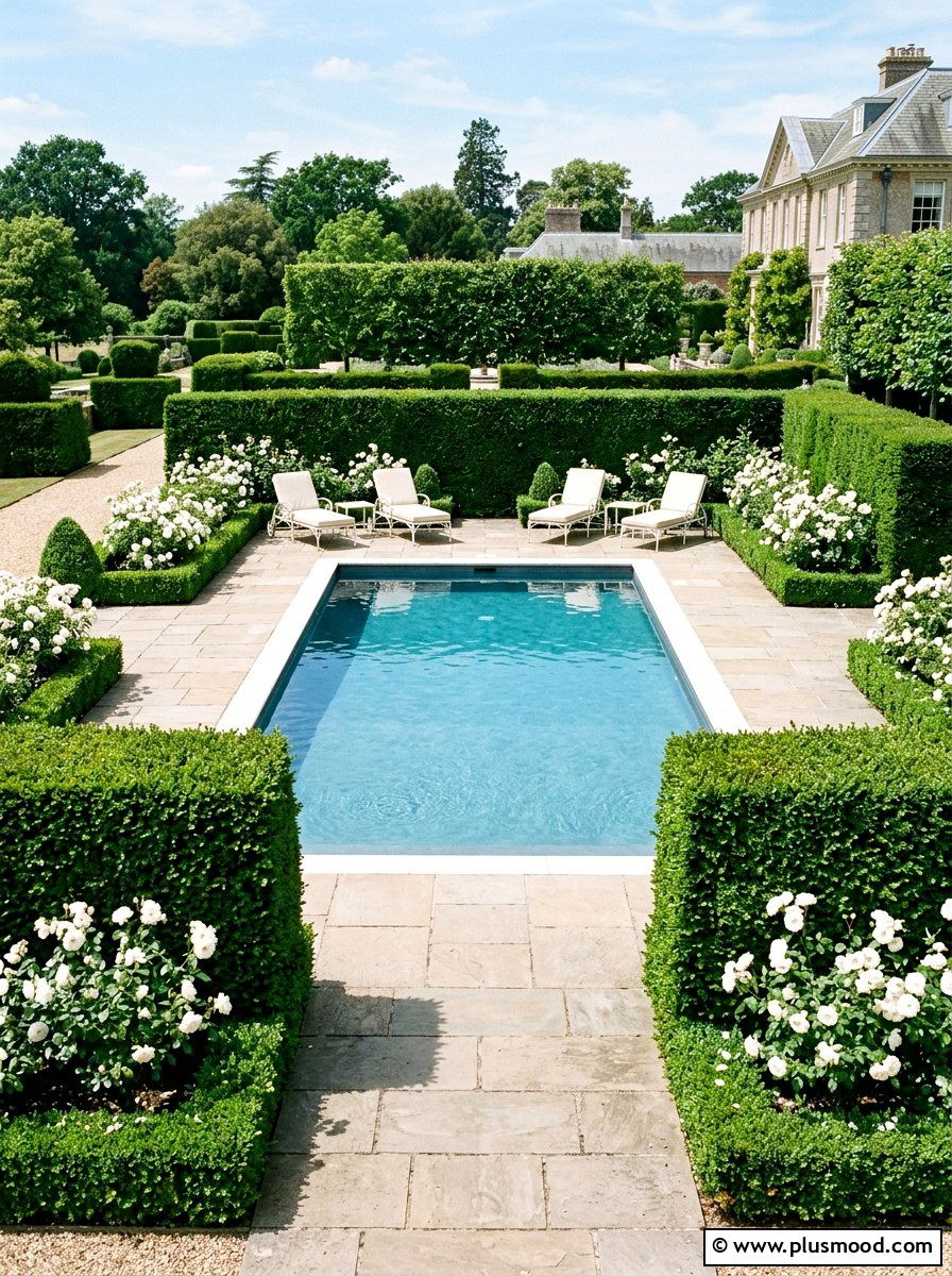 Boxwood Hedge Privacy Screen - 25 pool landscaping ideas for rectangular pools