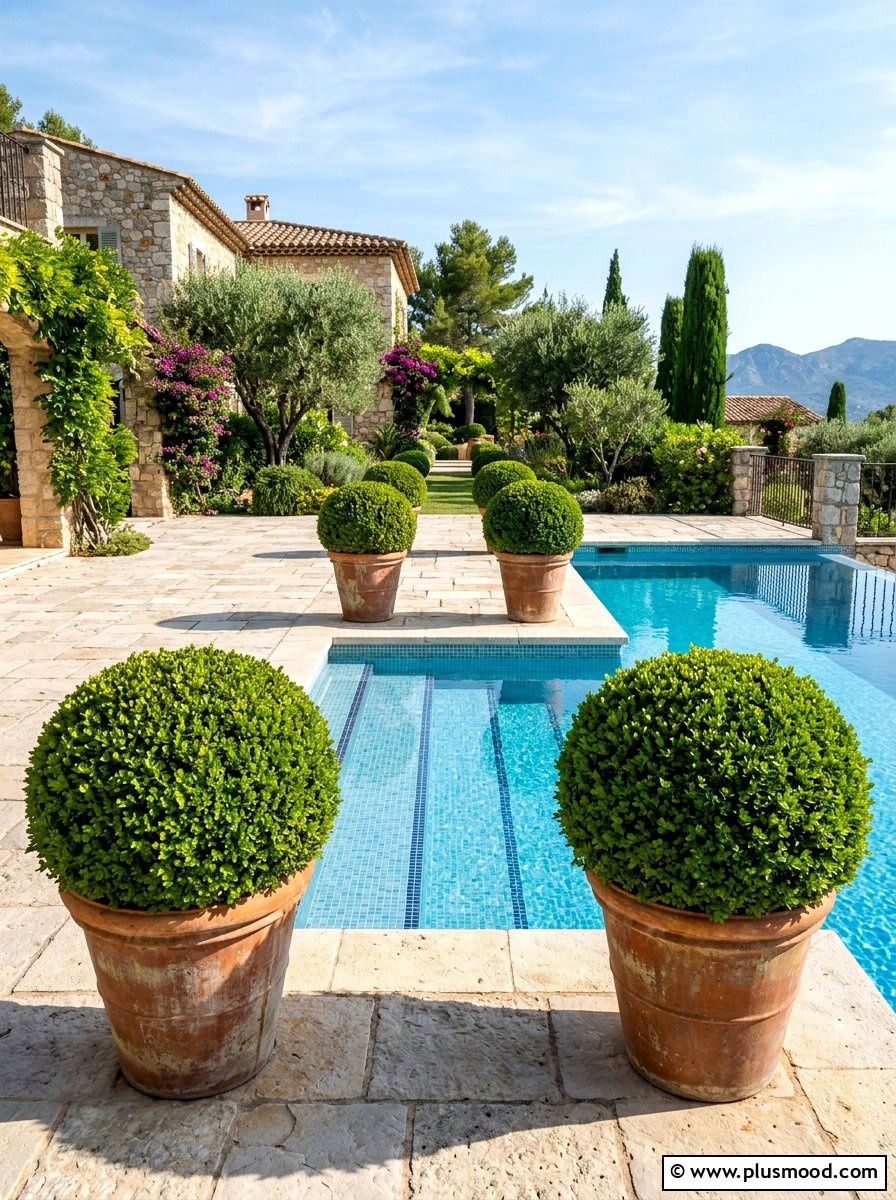 Boxwood Pool Topiary - 25 pool landscaping ideas for Mediterranean style