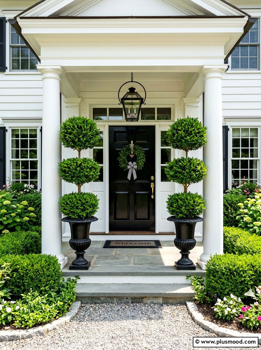 Boxwood Topiary Tree - 25 summer front door decor ideas