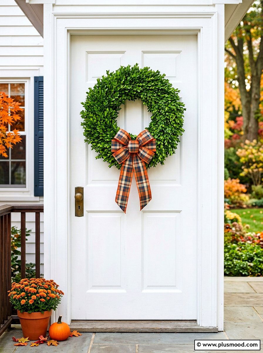 Boxwood Wreath With Fall Bow - 25 summer to fall wreath ideas
