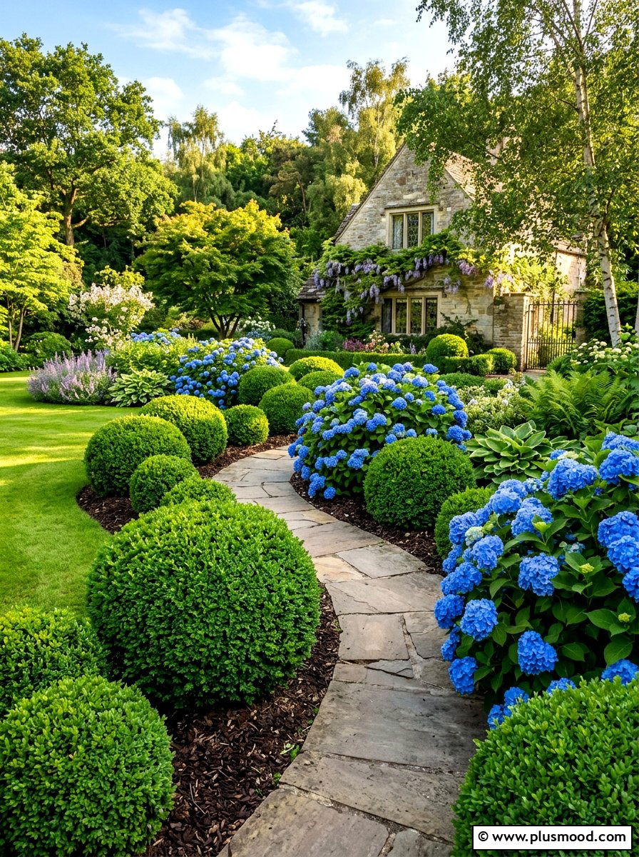 Boxwood and hydrangea landscape - 25 summer evergreen and flower mix ideas