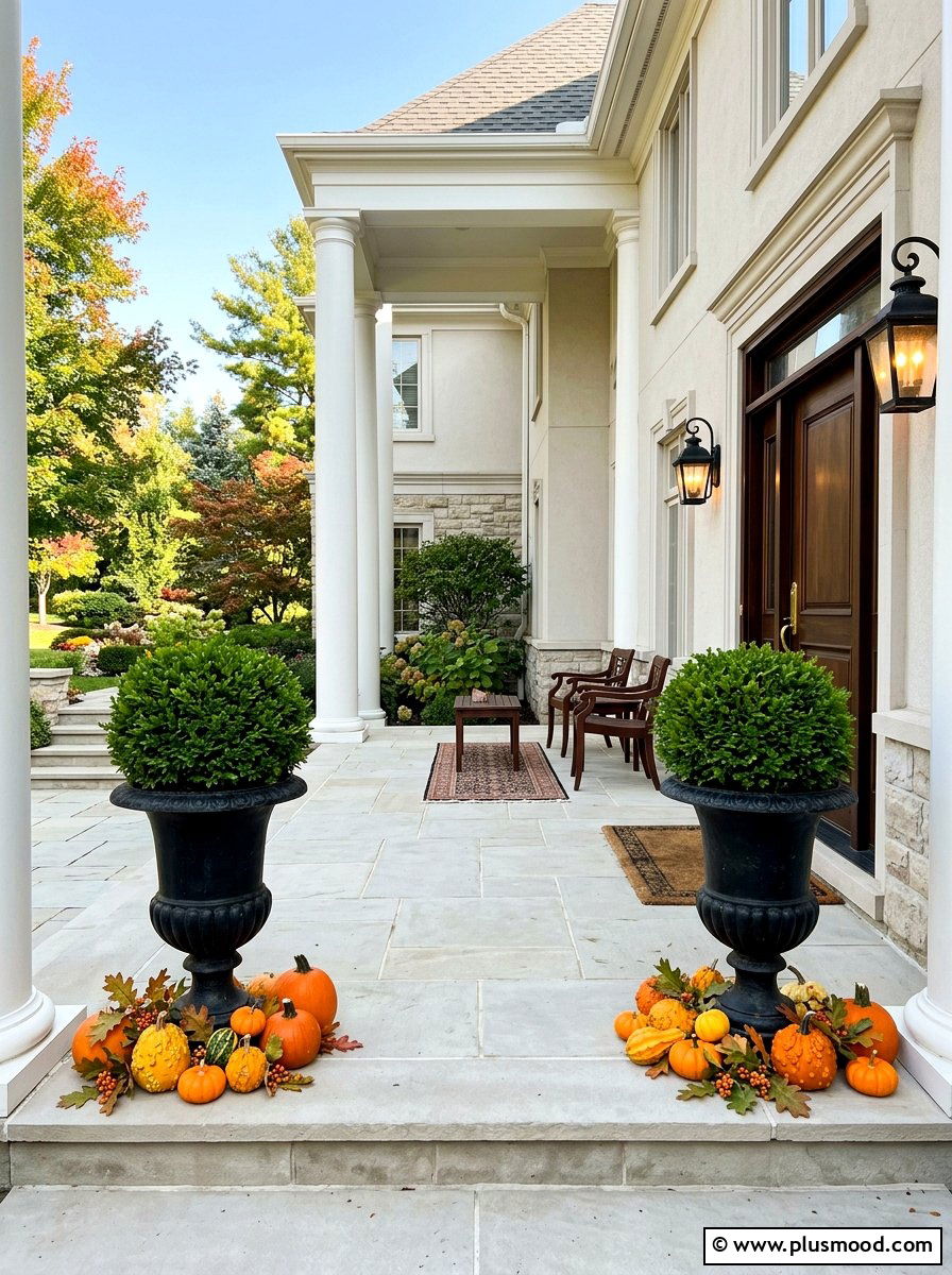 Boxwood evergreen container - 25 summer to fall front porch planter ideas