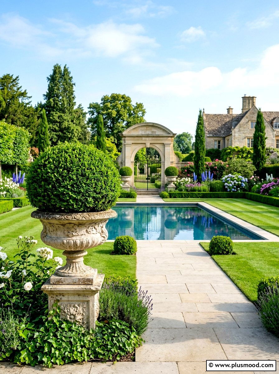 Boxwood formal topiary planter - 25 summer poolside planter ideas