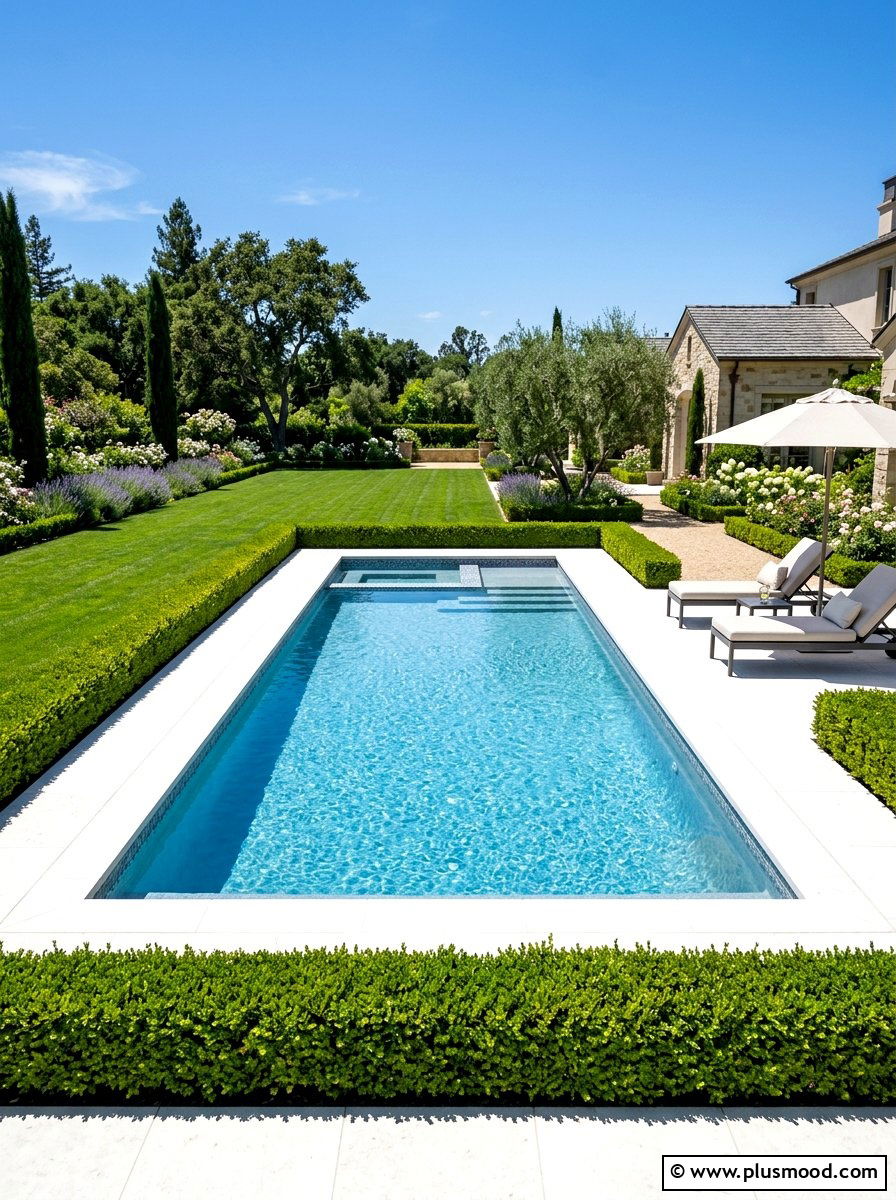 Boxwood hedge around pool - 25 pool landscaping ideas with hedge border