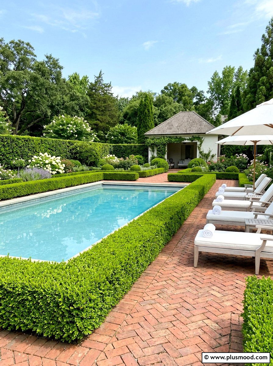 Boxwood hedge border - 25 pool landscaping ideas for privacy screen