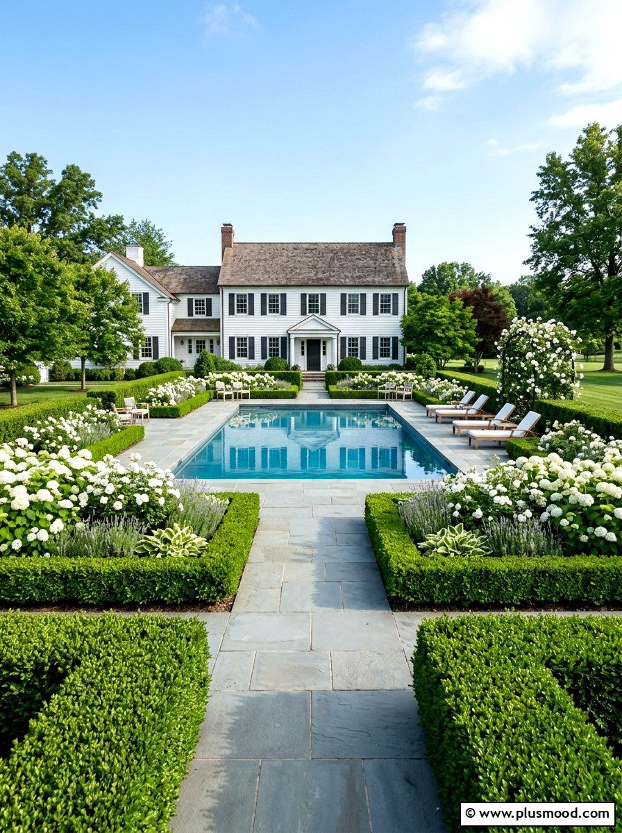 Boxwood hedge border - 25 pool landscaping ideas for colonial homes