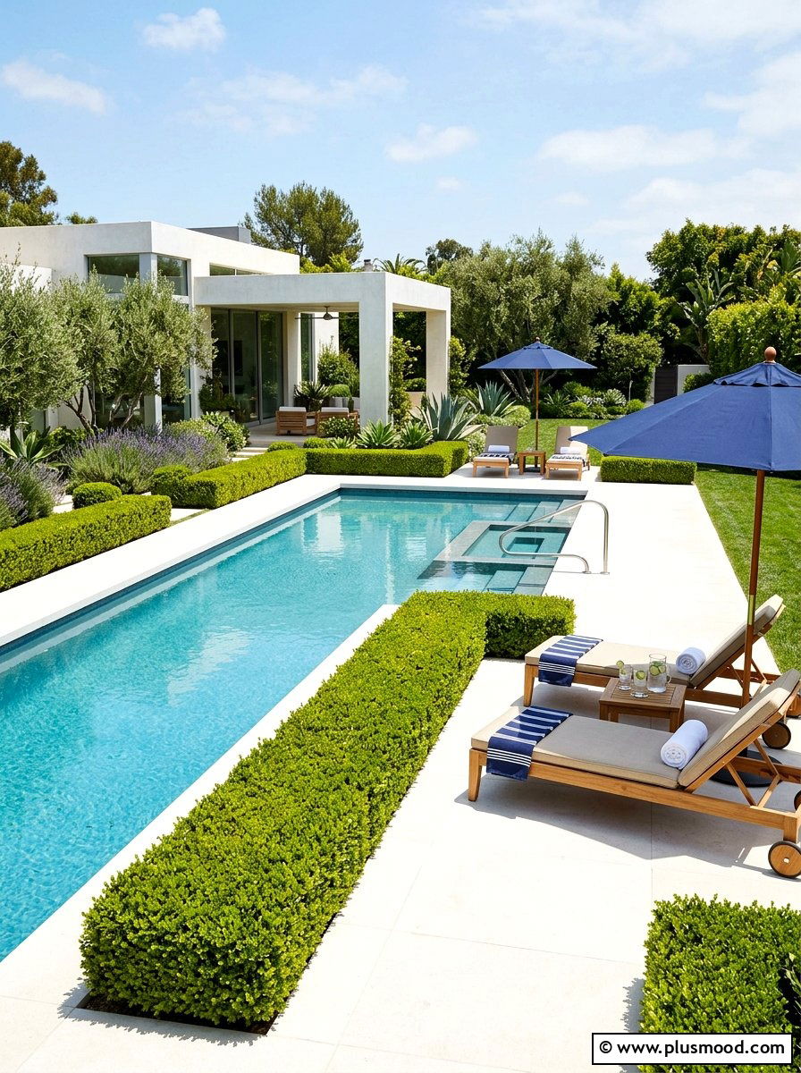 Boxwood pool border - 25 pool landscaping ideas with shrubs