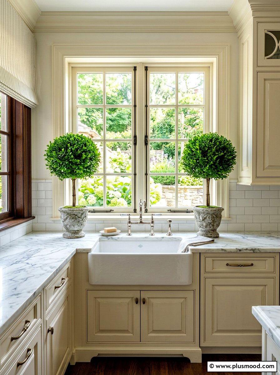 Boxwood topiary counter decor - 25 summer greenery kitchen decor ideas