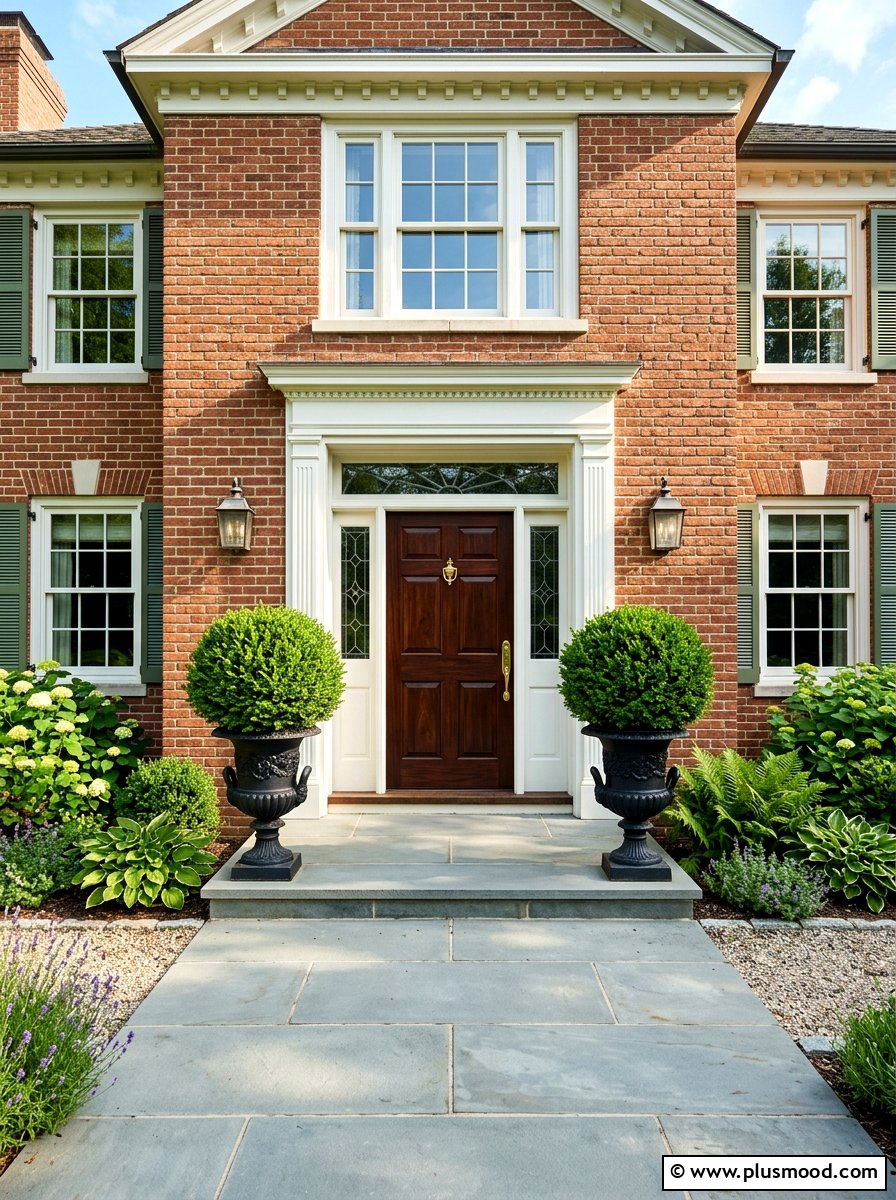 Boxwood topiary for brick house entrance - 25 summer front porch decor ideas for brick house