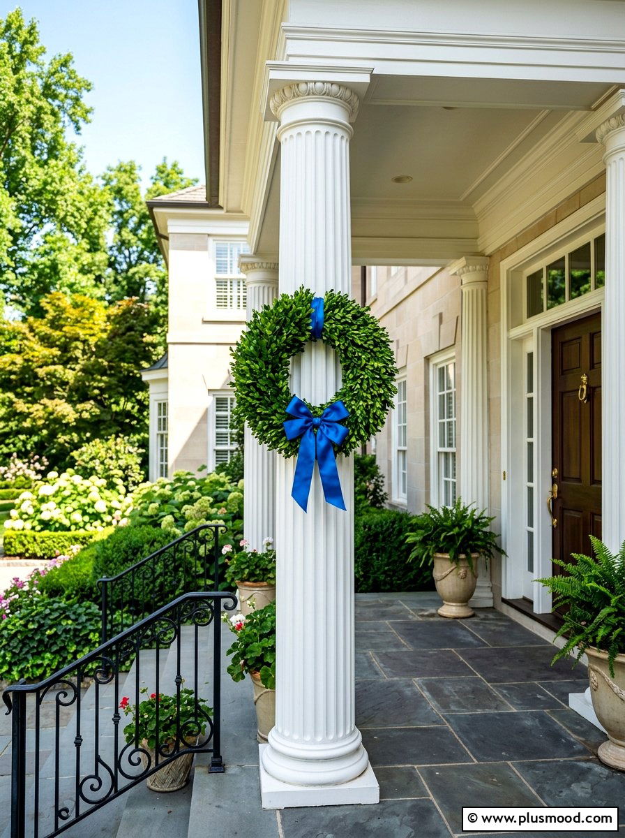 Boxwood wreath porch column - 25 summer porch column decor ideas