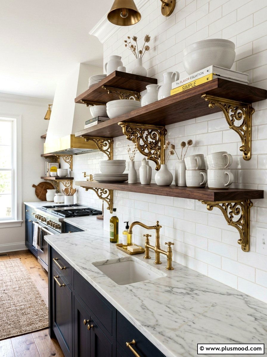 Brass Shelf Brackets - 25 summer kitchen shelf decor ideas