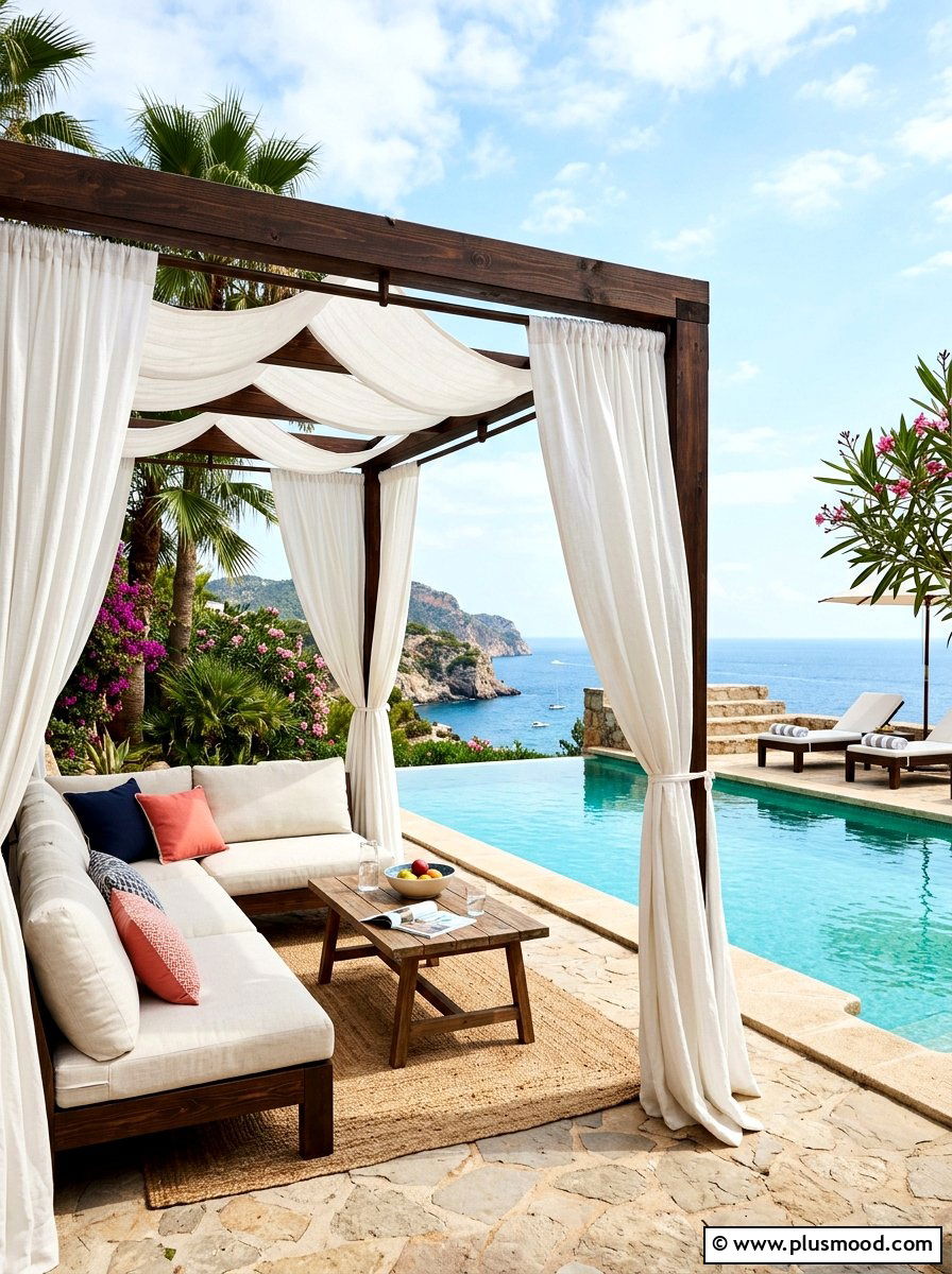 Breezy Linen Draped Pool Pergola - 25 summer pool house decor ideas