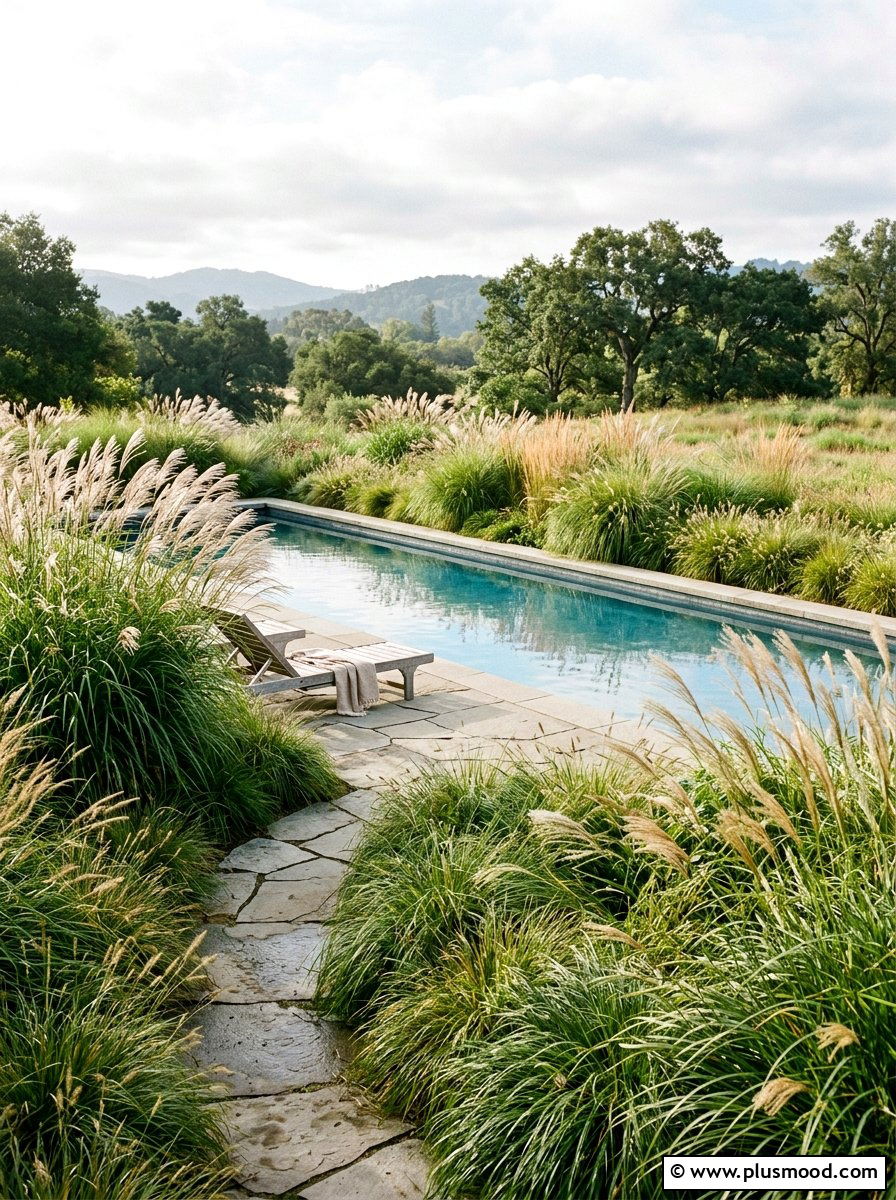 Breezy Ornamental Grasses - 25 pool landscaping ideas for rectangular pools