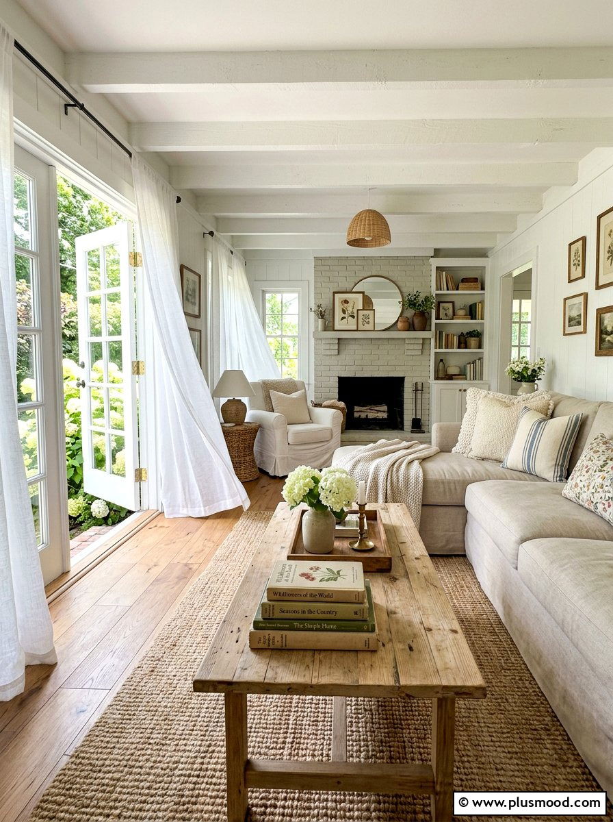 Breezy linen curtain living room - 25 summer English cottage summer decor ideas
