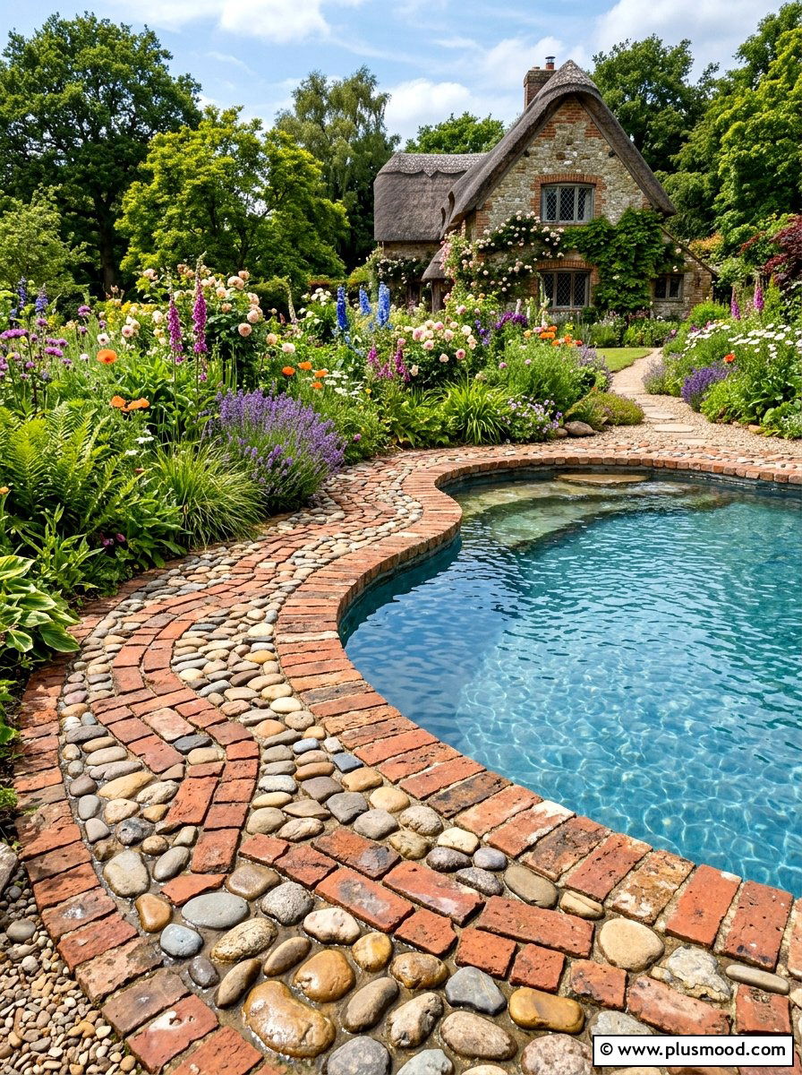 Brick And Stone Mosaic Pool Border - 25 pool landscaping ideas with brick edging
