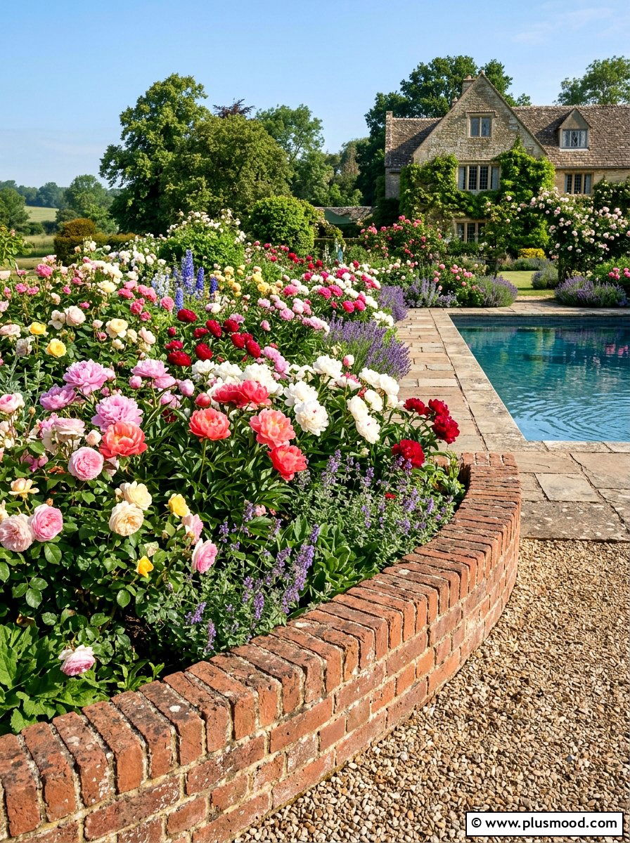 Brick Border With Floral Garden - 25 pool landscaping ideas with brick edging