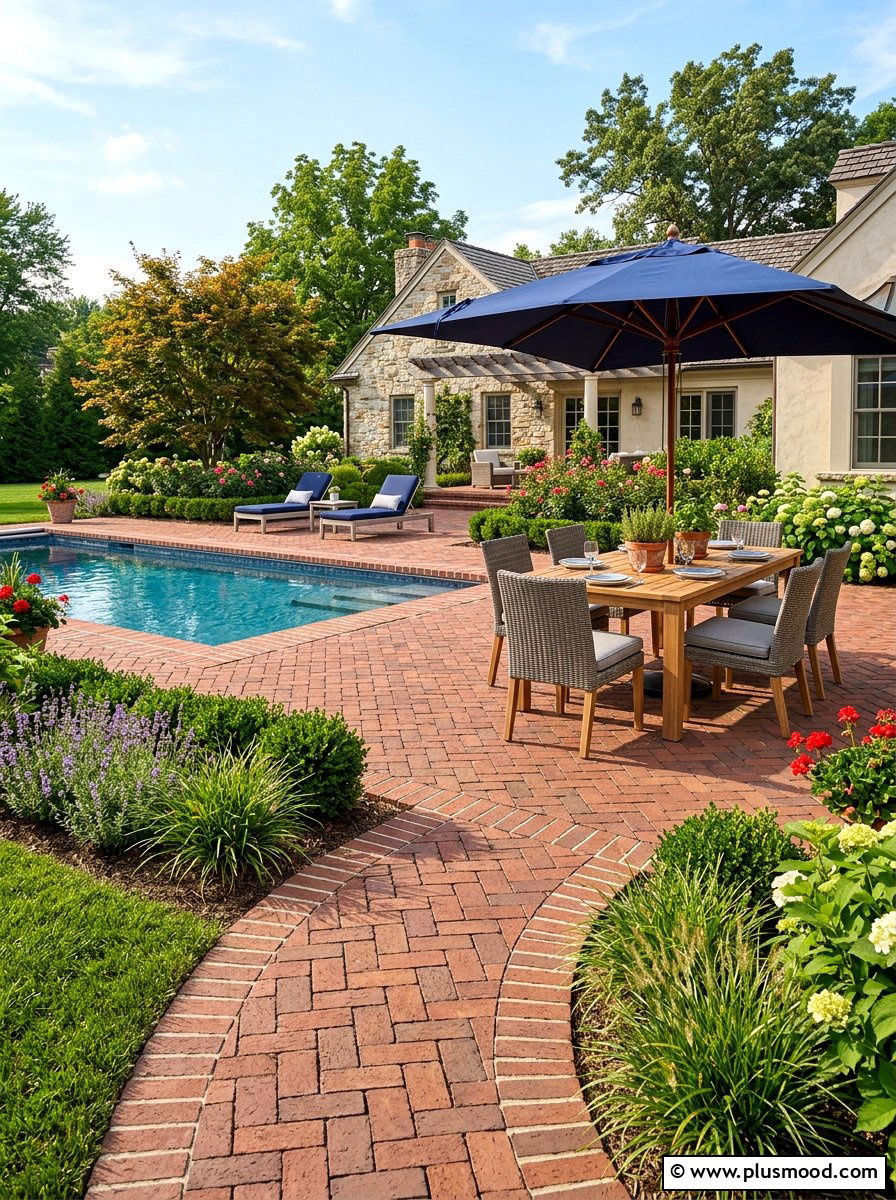 Brick Edging With Outdoor Seating Area - 25 pool landscaping ideas with brick edging