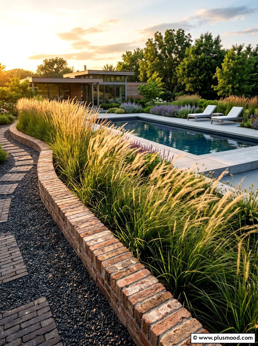 Brick Edging With Tall Grasses - 25 pool landscaping ideas with brick edging