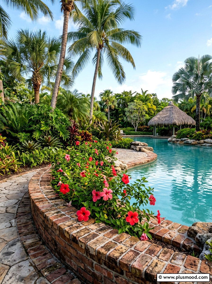 Brick Edging With Tropical Plants - 25 pool landscaping ideas with brick edging