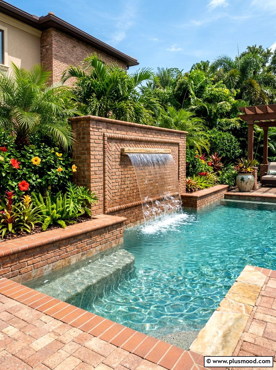 Brick Edging With Waterfall Feature - 25 pool landscaping ideas with brick edging