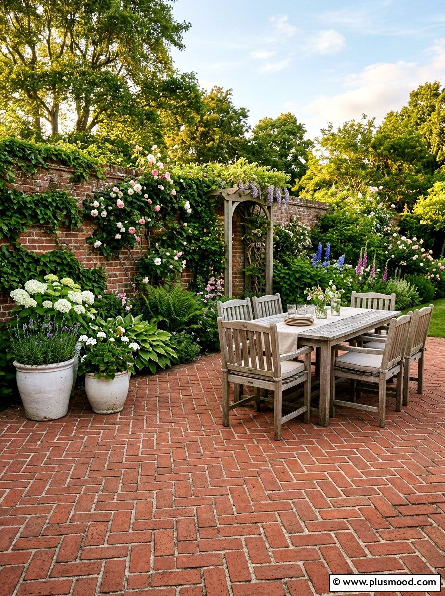 Brick Herringbone Patio - 25 small backyard ideas for no grass yards