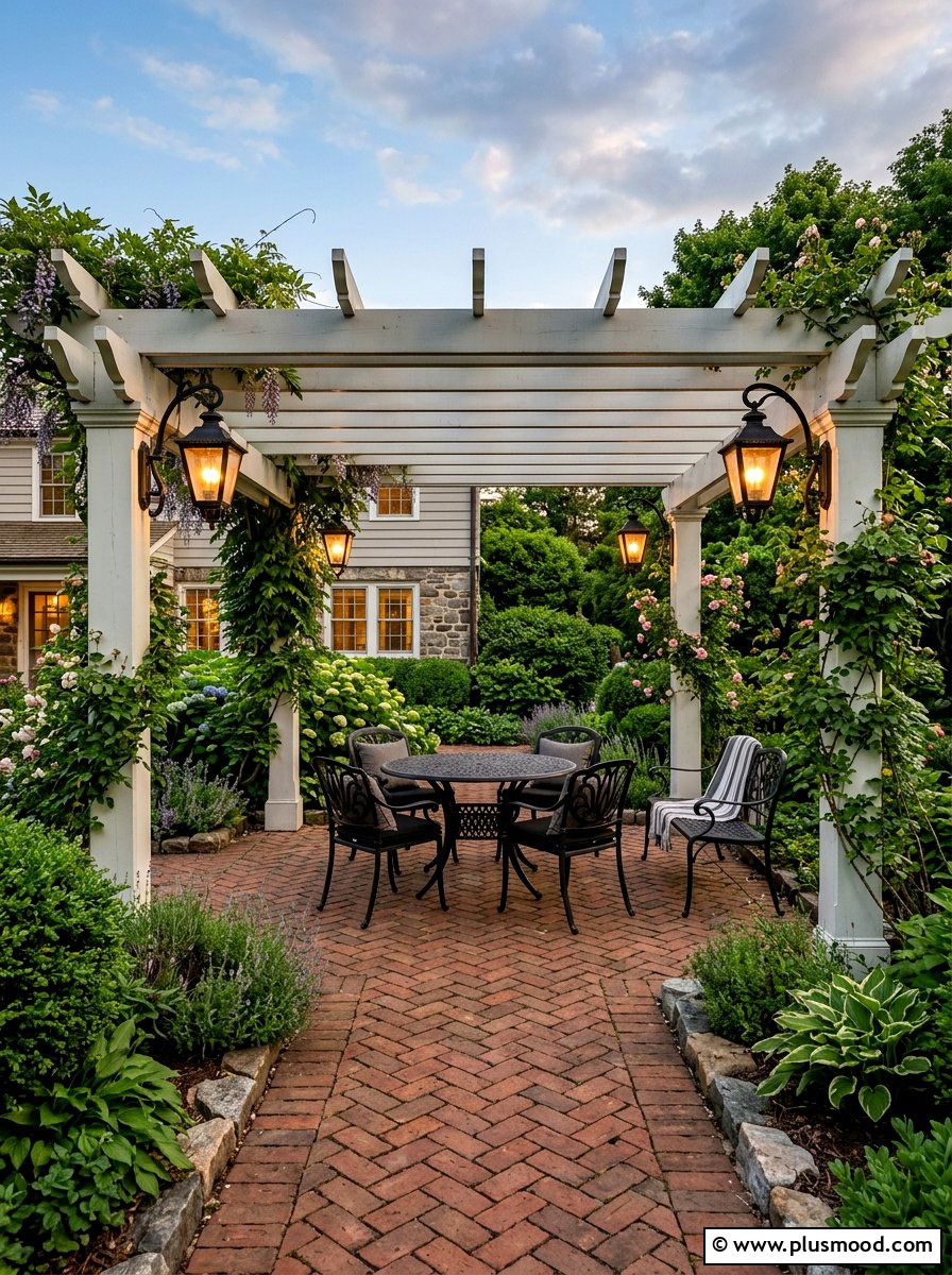 Brick Patio Classic Carriage Lights - 25 small backyard ideas with pergola lights
