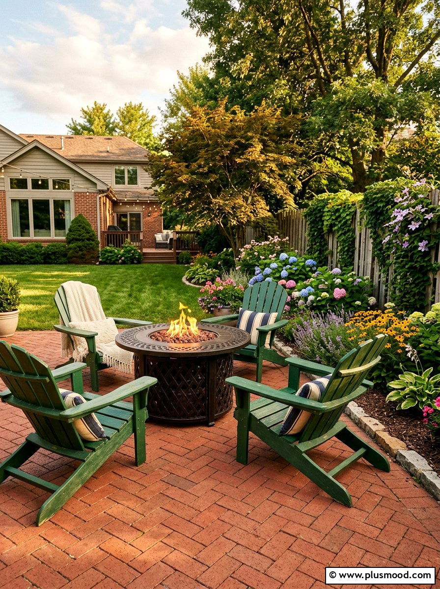 Brick Patio Classic Fire Table - 25 small backyard ideas with fire table