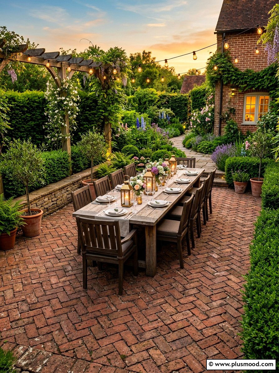 Brick Patio Dining Garden - 25 summer farmhouse garden ideas