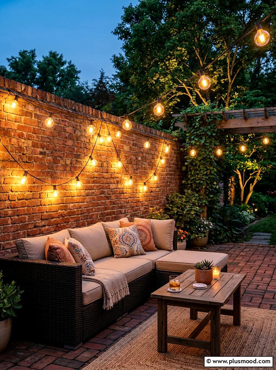Brick Patio String Lights - 25 small backyard ideas with brick patio