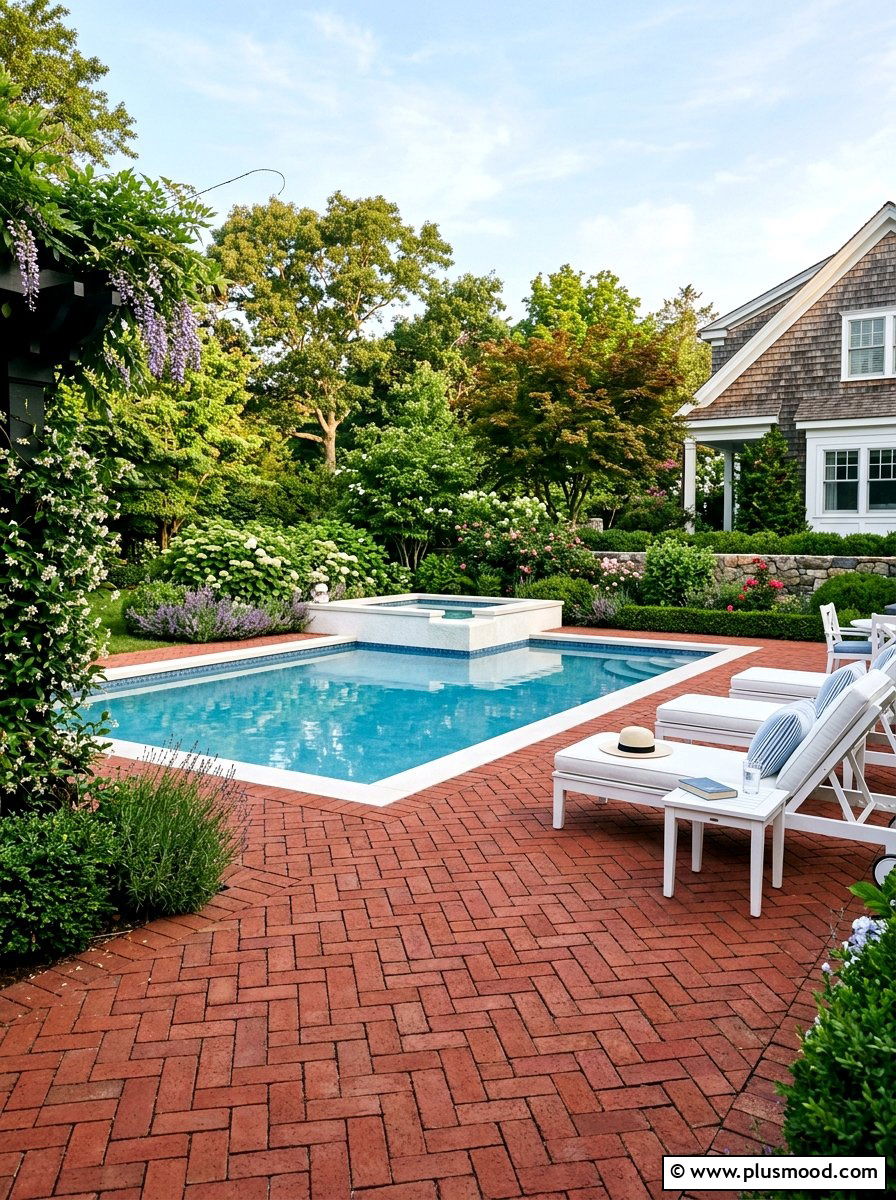 Brick patio for corner pool - 25 pool landscaping ideas for corner pools
