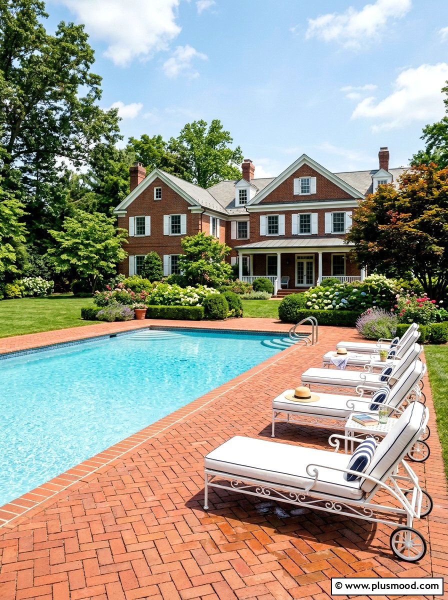 Brick pool deck - 25 pool landscaping ideas for colonial homes