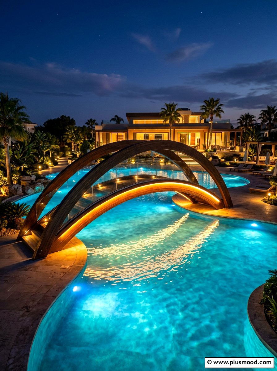 Bridge over Pool With Under Mount Lights - 25 pool landscaping ideas with night lighting
