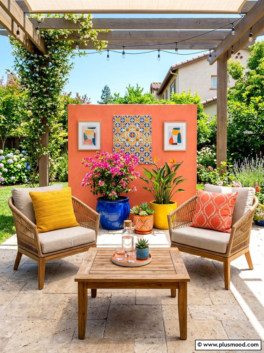 Bright Color Accents - 25 summer uncovered patio ideas