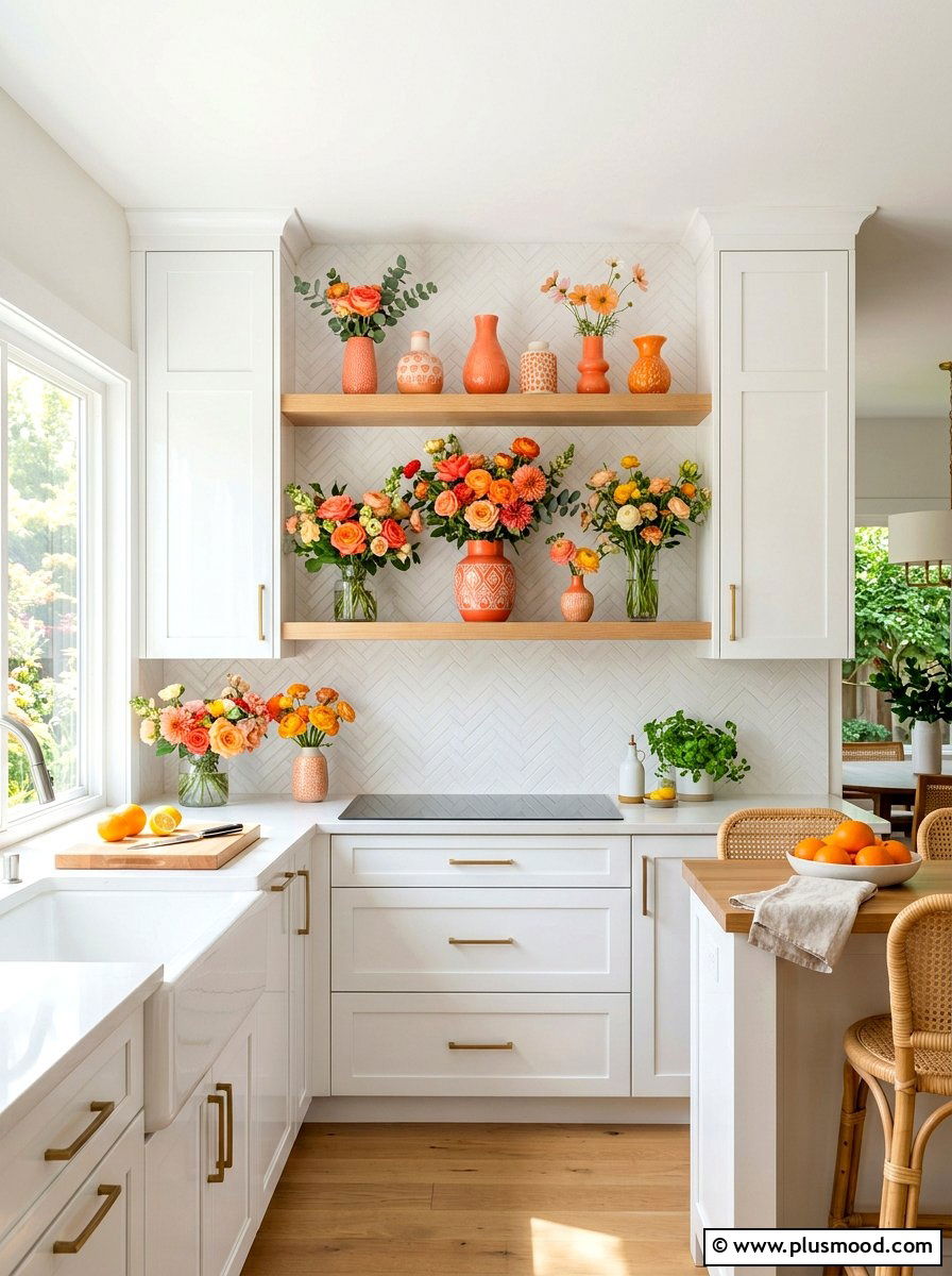 Bright Floral Vases - 25 summer kitchen shelf decor ideas