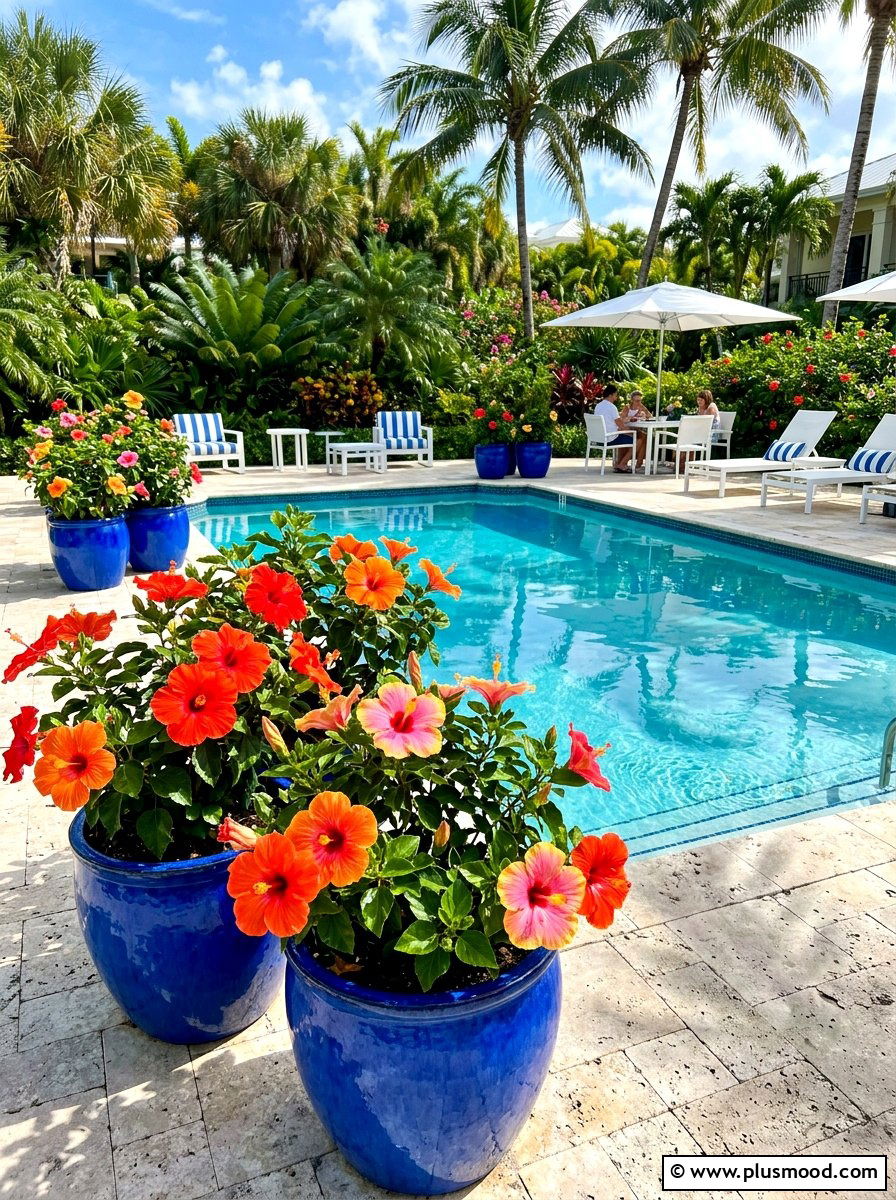 Bright Flowering Hibiscus In Colorful Ceramic Pot - 25 pool landscaping ideas with potted plants