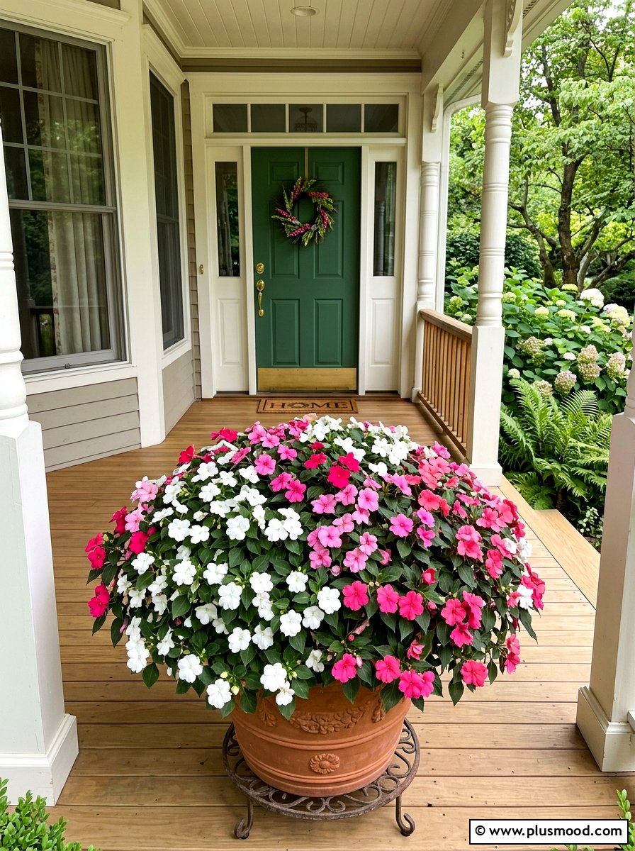 Bright Impatiens Display - 25 summer front porch flower ideas